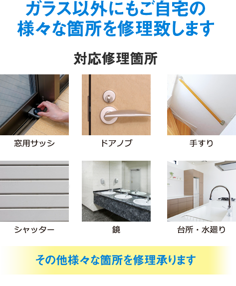 修理箇所、窓用サッシ、ドアノブ、手すり、シャッター、鏡、台所・水廻り